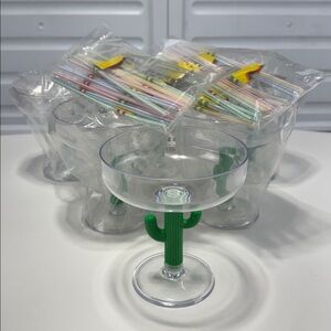 Cactus Stem Plastic Margarita Glasses - Set of 6 w/ Sombrero Straws-NWT